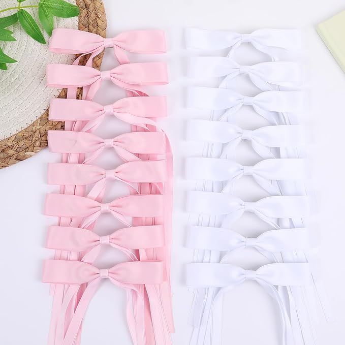 Hair Bows Clips Coquette Ribbon Bowknot with Long Tail Princess Hair Bows French Barrettes Hair Accessories for Women Girls 16PCS (Pink, White)