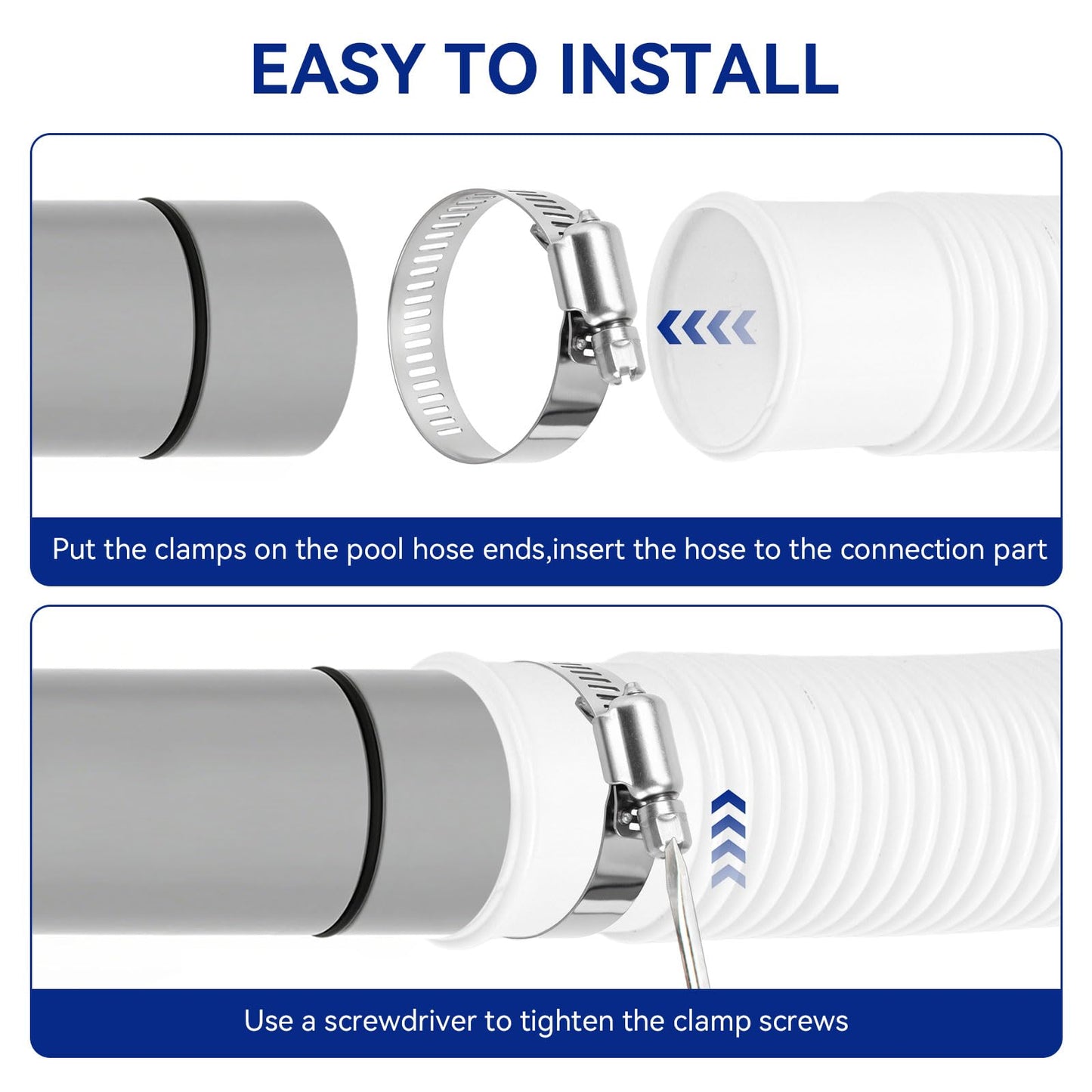 Pool Hoses for Above Ground Pools 1.5" Diameter x 59" Long, 2 Pack 1.5 Inch Above Ground Pool Hose Replacement Compatible with Intex Coleman Surface Skimmer, Filter Pump Hose, with 4 Metal Clamps