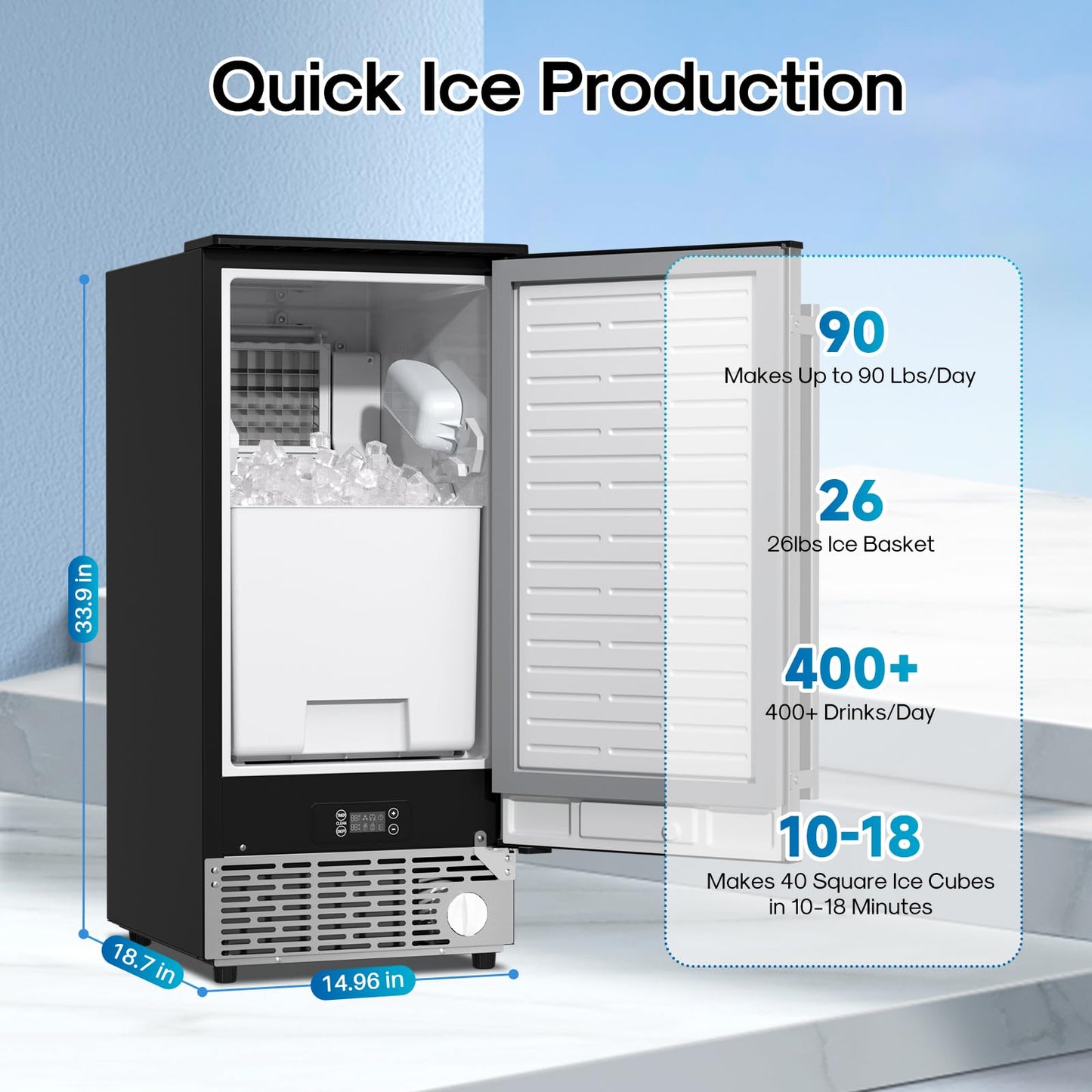 ICEPURE 15" Under Counter Ice Maker with Drain Pump and Filter, WiFi Control, 90lbs/24H, Self-Cleaning, Smart Reminder, 24H Timer, ETL FCC, Freestanding for Residential and Commercial, Stainless Steel