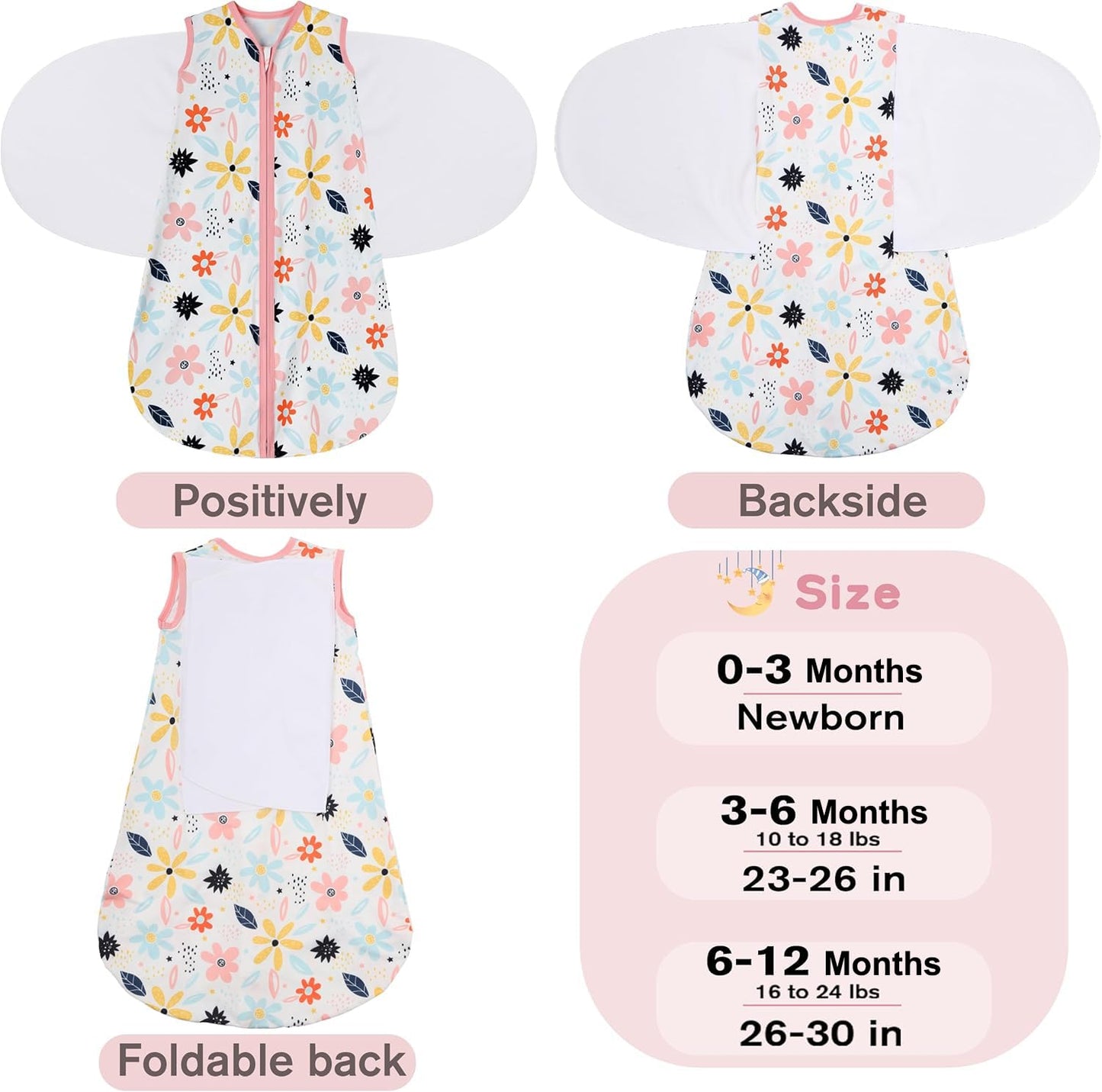 BSTOPPT Newborn Sleep Sack Baby Swaddle,3-6 Months,3-Way Adjustable Wearable Blanket,100% Rayon Cotton Swaddling Sleeping Bag,TOG 0.5(Heart&Floral)