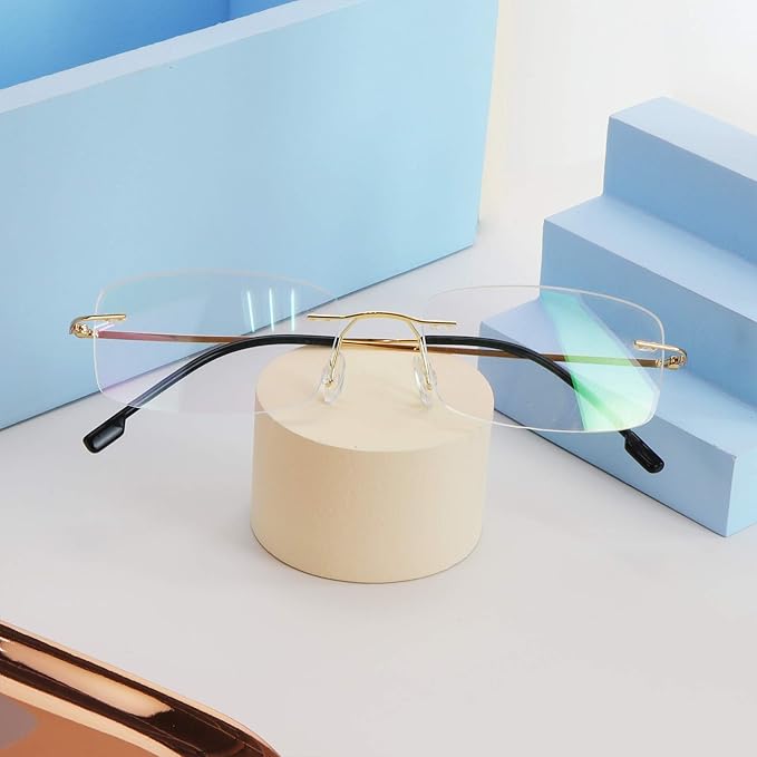 LifeArt Blue Light Blocking Computer Reading Glasses,Men's and Women's Rimless Frame (Golden, +1.25 Magnification)