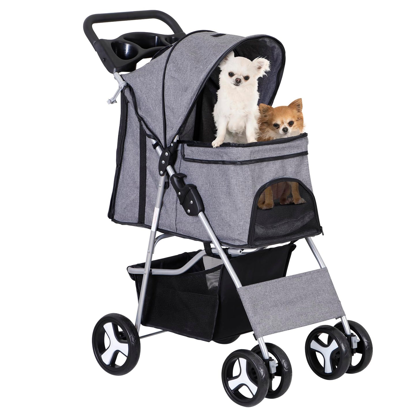 ZENY Foldable Pet Stroller, Cat/Dog Stroller with 4 Wheel, Pet Travel Carrier Strolling Cart with Storage Basket, Cup Holder (Grey)