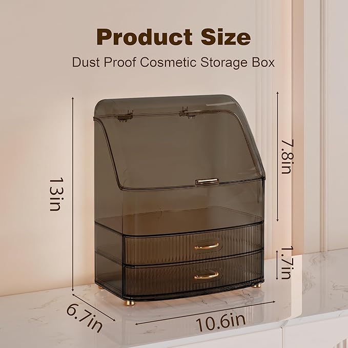 Makeup Organizer Countertop Vanity with Transparent Lid Drawers Waterproof Dustproof Cosmetic Skincare Bathroom Storage Gift for Women Teens Girls (Clear Black)