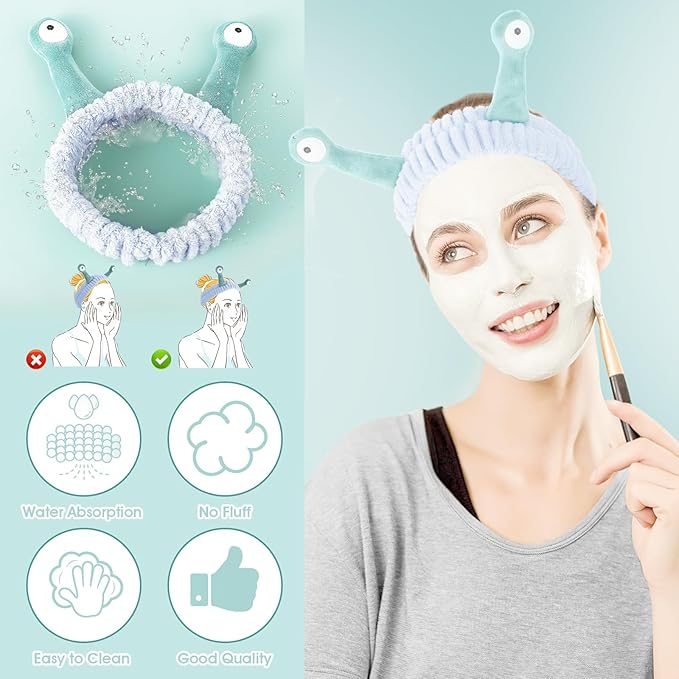 Face Wash Headband, Palm and Snail Spa Hair Bands Makeup Headbands Women Cartoon Cute Coral Fleece Elastic Headband Creative Hair Accessories for Washing Face Shower Sports (Blue&Green)
