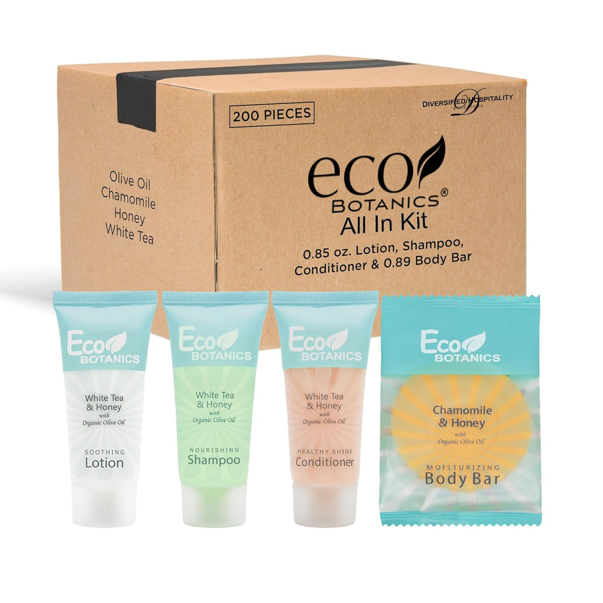 Eco Botanics Hotel Soaps and Toiletries Bulk Set | 1-Shoppe All-In-Kit Amenities for Hotels & Airbnb | 0.85 oz Hotel Shampoo, Conditioner & Lotion, 0.89 oz Bar Soap Travel Size | 200 Pieces