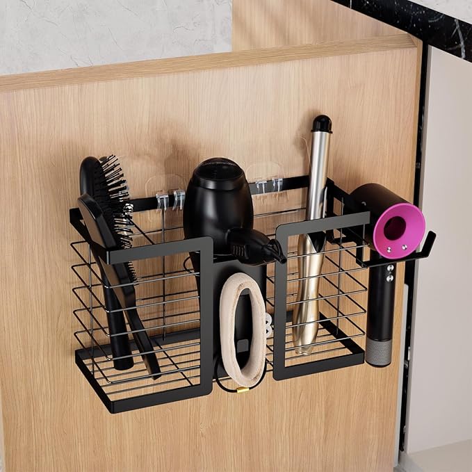 FUNKYLEE Hair Tool Organizer Hair Dryer Holder, 3 in 1 Metal Bathroom Blow Dryer Organizer Wall Mount for Flat Iron, Curling Iron, Straightener, Styling Tools Storage and Organizer (Black)-2pcs