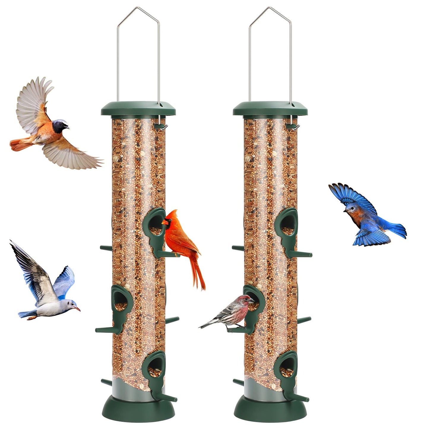 FEED GARDEN 2 Pack Tube Bird Feeders for Outdoors Hanging - Premium Hard Plastic Wild Bird Feeder with 6 Ports, Easy Refill & Clean, 15 Inch, Green
