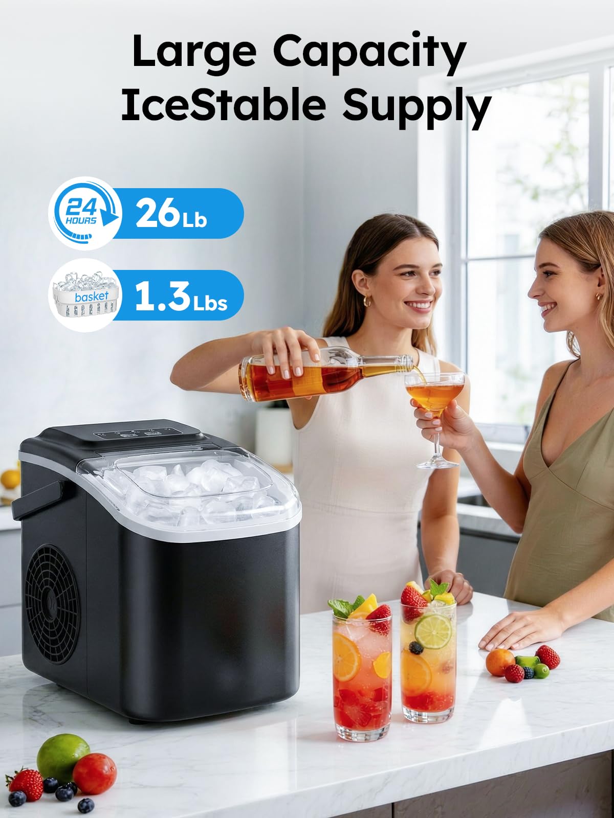 Ice Makers Countertop, 26lbs in 24Hrs, 8 Ice Cubes Ready in 6 Mins, Self-Cleaning Portable Ice Machine with Handle, Countertop Ice Maker with Basket and Scoop for Home/Kitchen/Camping/RV