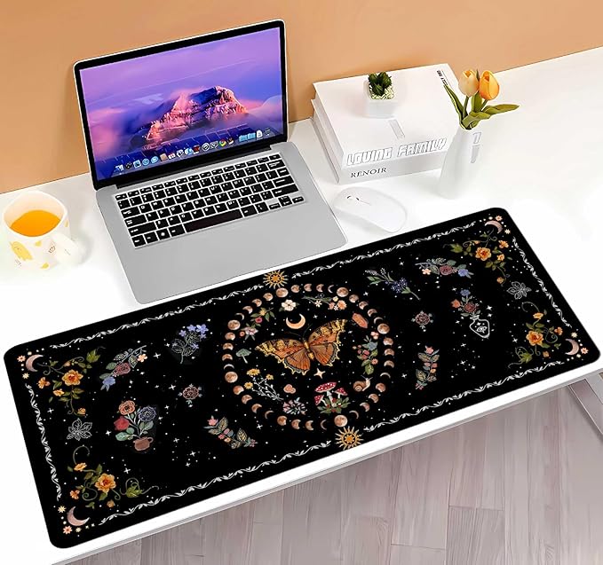 Gothic Moth Desk Pad Mat, Black Orange Large Mousepad, Moon Phases Desk Matt for Desktop, Suitable for Work, Gaming, Office, Home, Computer Accessories, 31.5 X 11.8 in, Floral Plant Aesthetic