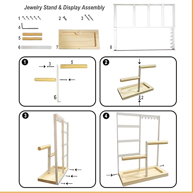Jewelry Organizer Stand, Jewelry Holder, Lengnoy 4 Tier Earring Holder with 48 Holes and 6 Hooks Necklace Organizer Wood Box for Necklace Bracelet Earring Ring, White