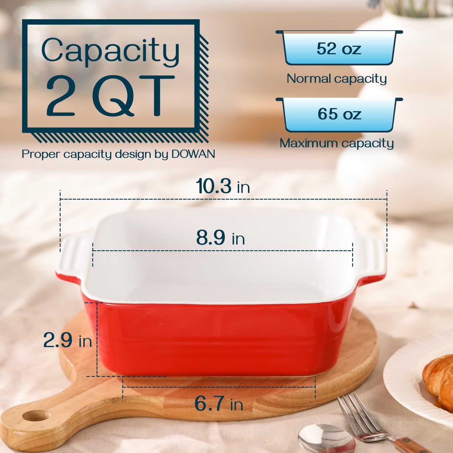 DOWAN 8x8 Baking dish, Square Baking Pan, Ceramic Casserole Dishes for Oven, Cake Pan with Handle, for Brownie, Lasagna, Casserole, 2 Quart, Home Gift, Wedding Gift, Red