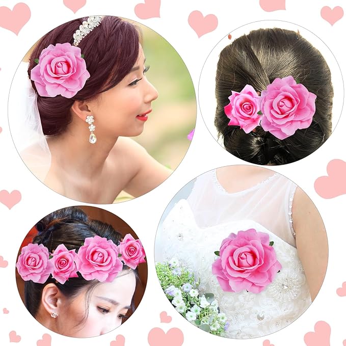 Rose Hair Clip Flower Hairpin Brooch Floral Clips, 4 Pcs Fabric Rose Flowers Hair Clips Mexican Hair Flowers Pin up Headpieces for Woman Girl Wedding Party Mother's Day (2 Sizes) (Pink)