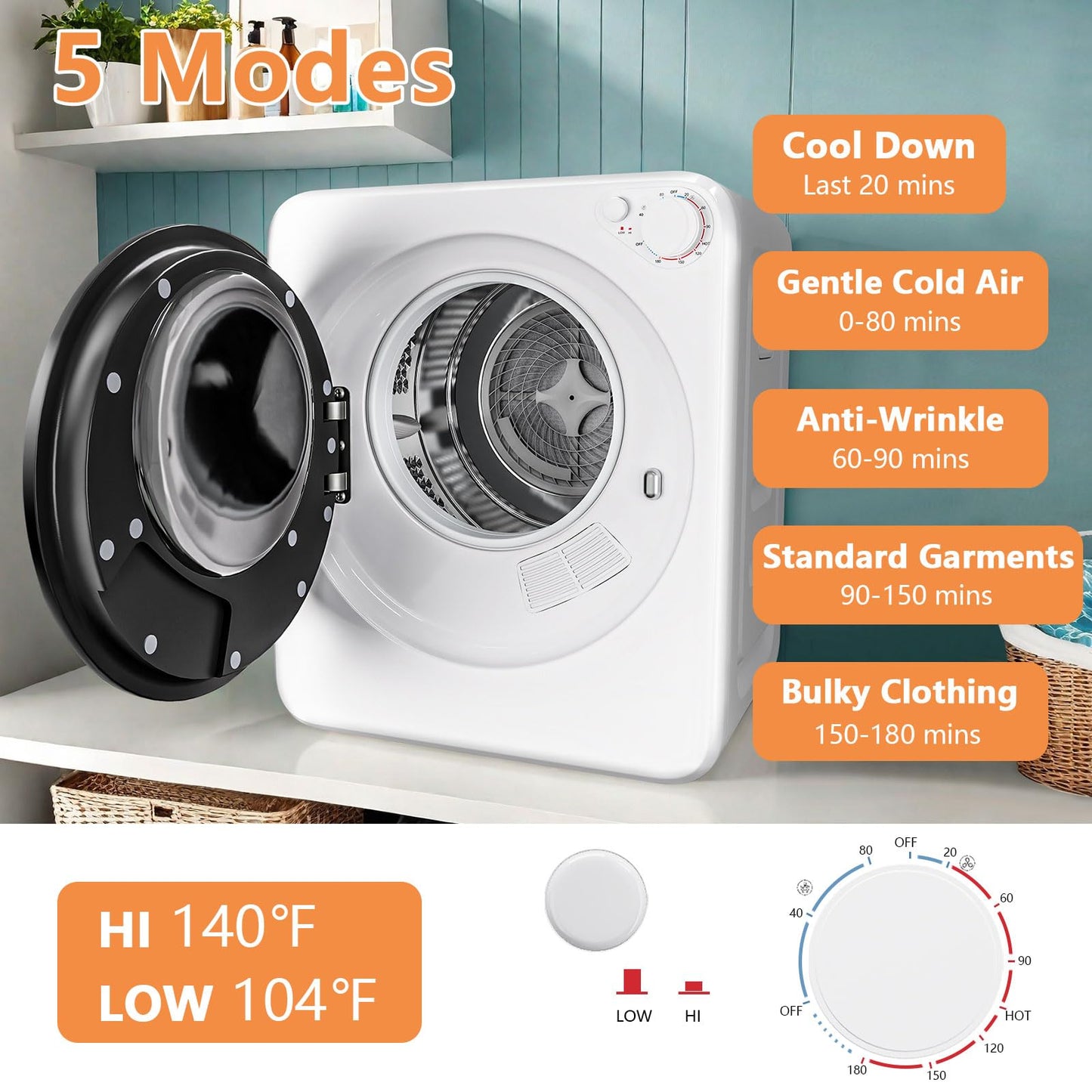 DOGHLY 120V Portable Electric Clothes Dryer, 800W Compact Laundry Dryer, Easy Control, 1.8 Cu.Ft Front Load Stainless Steel Electric Dryers Machine with Simple Control Knob for Apartment, RV, Dorm