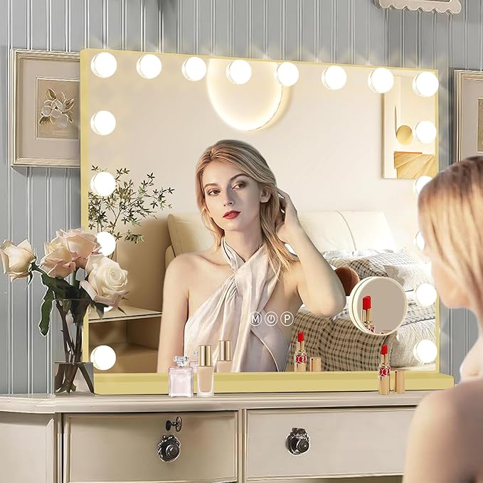 Gold Hollywood Vanity Mirror with Lights, 18 Dimmable Bulbs, 3 Color Lights,Make Up Lighted Mirror, Aluminum Metal Frame, USB Charging Port(32" x 24")
