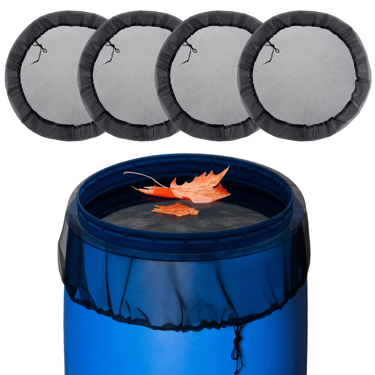 Mesh Cover for Rain Barrels - 4pcs 39in Rain Barrel Netting with Drawstring, Water Collection Buckets Tank Protector Screen for Preventing Fallen Leaves in Outdoor Garden Eaves