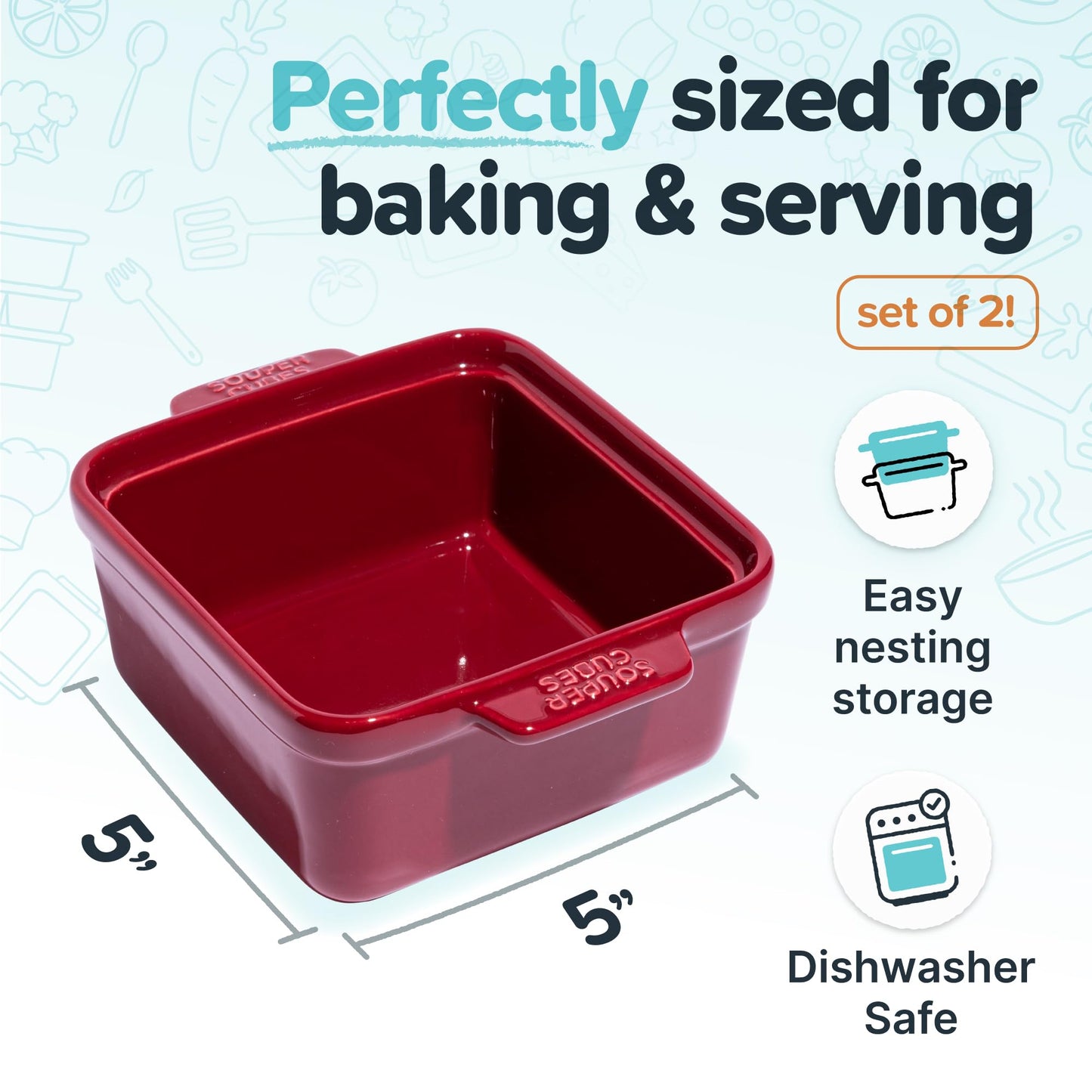Souper Cubes Stoneware - 5" x 5" Baking Dishes for Oven with Silicone Covers, Premium Mini Ceramic Baking Dishes, Perfect for Reheating Individual Portions in Oven or Microwave, Set of 2 - Cranberry