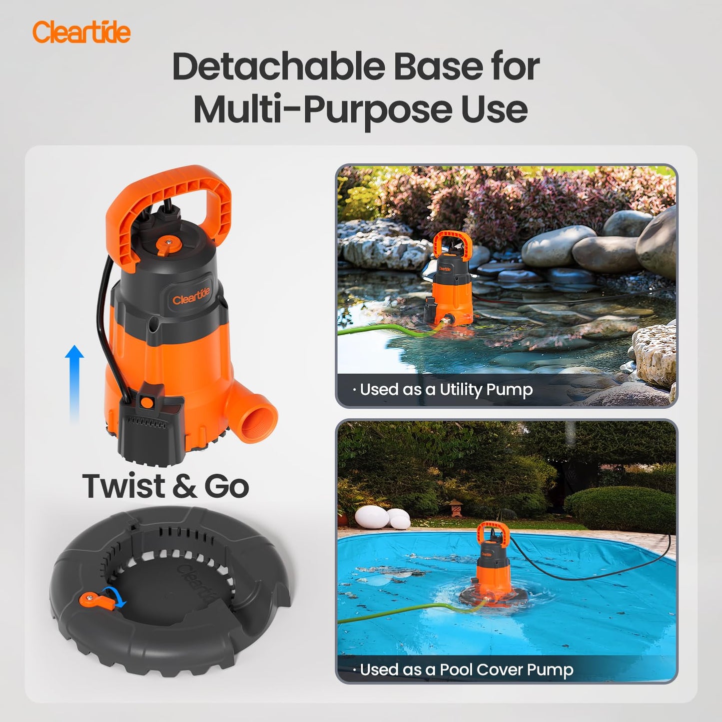 Cleartide Smart Automatic Pool Cover Pump, 1/3 HP 2790 GPH with Auto On/Off & Freeze Protection, Pump for Inground/Above Ground Winter Pool Covers, Dual Mode, 25ft Cord, 120V AC