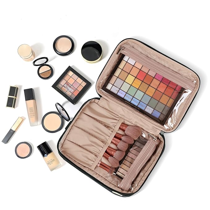NISHEL Extra Large Double Layer Travel Makeup Bag Women, Cosmetic Organizer Case, Essentials Accessories with Shoulder Strap for Bottles, Brushes, Conditioner, Skin Care Products, Black