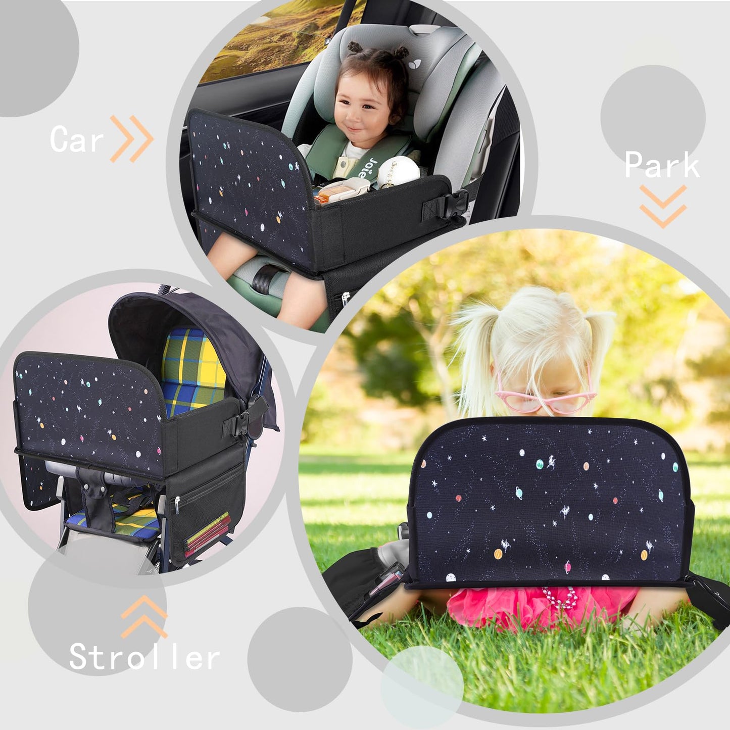 MENZOKE Kids Travel Tray, Road Trip Activities for Kids with Dry Erase Board & Cooler Cup Holder, Toddler Car Activities with No-Drop iPad Holder Stand, Roadtrip Essentials for Toddlers, Black