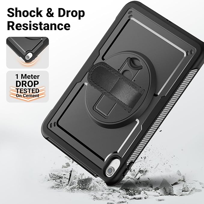 SCSVPN Case for iPad (A16) 11th Generation 11 Inch 2025 / 10th Generation 10.9 Inch 2022, Shockproof Protective Case with Screen Protector, Pencil Holder, Rotating Stand, Hand/Shoulder Strap - Black