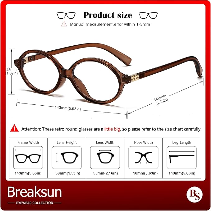 Breaksun Fashion Oval Glasses for Women Men Retro Round Tortoise Frame Blue Light Glasses Nerd Eyeglasses