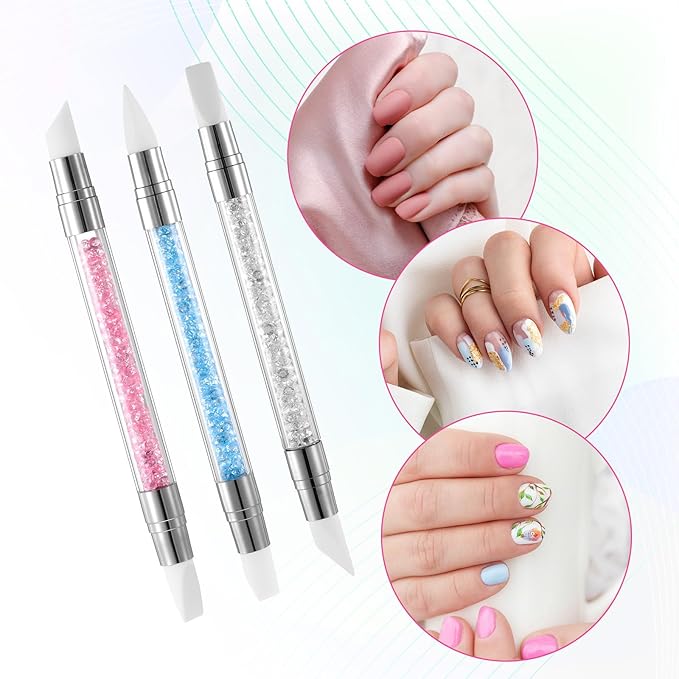 3 Pcs Nail Art Sculpture Pen, Dual Tipped Silicone Nail Tools, Silicone Head Acrylic Handle Nail Art Brushes, Rhinestone Nail Polish Carving Pen, Nail Art Tools for Home Salon(White, Pink, Blue)