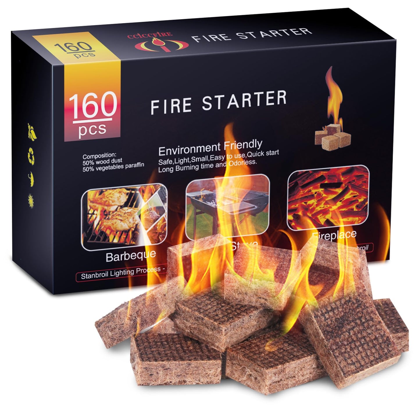 HGD Fire Starter, 160 Mini Square, Natural Fire Starters for BBQ, Campfire, Fireplace, Charcoal, Wood Stove, Chimney, Fire Pit, Grill, Smoker, Indoor Outdoor Use