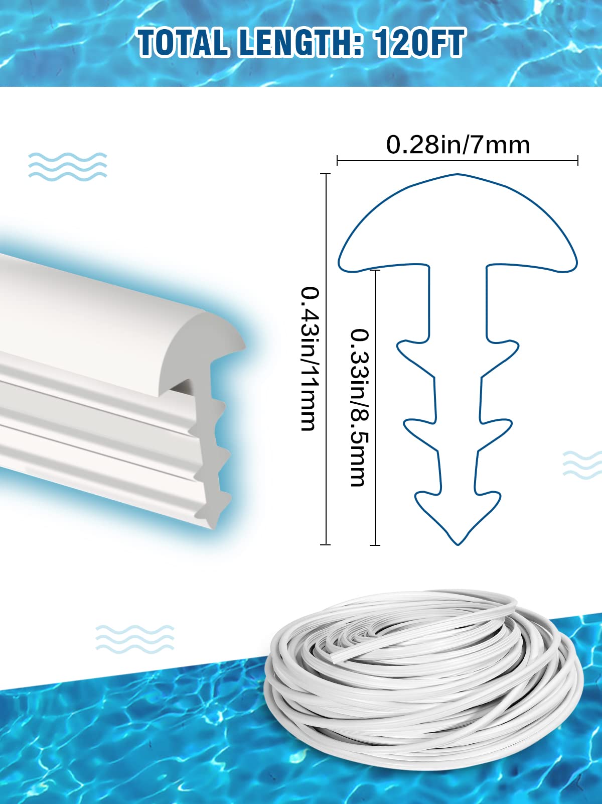 PAMASE 120ft Liner Lock - Inground Swimming Pool Beaded Wedge T-Shape Lock Roll, Flexible PVC Pool Liner Patch Kit for Above-Ground Pool - White