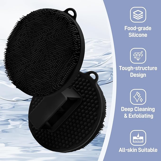 Silicone Face & Body Scrubber Set, Exfoliating Body Scrubber Face Scrubber with Dense Bristles & Non-Slip Handle, Gentle Silicone Loofah Face Brush for Good Lathering and Deep Cleansing(Black)