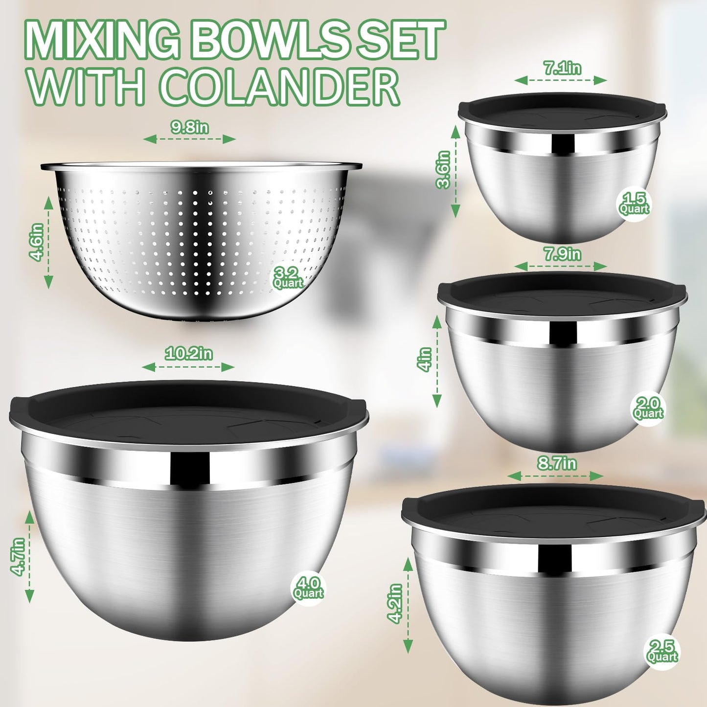 DUTZUN Mixing Bowls with Lids Set, Stainless Steel Mixing Bowls with Colander, Strainer with Mixing Bowl Set, Kitchen Gadgets Bowl Christams Gift, Size 4, 2.5, 2, 1.5QT - Black