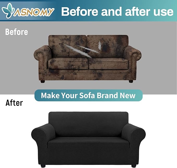Asnomy Sofa Covers for 2 Cushion Couch Stretch loveseat Cover Slipcovers, Pet Protector Furniture Covers for Dogs Cats Spandex Jacquard Fabric Small Checks(Medium, Black)