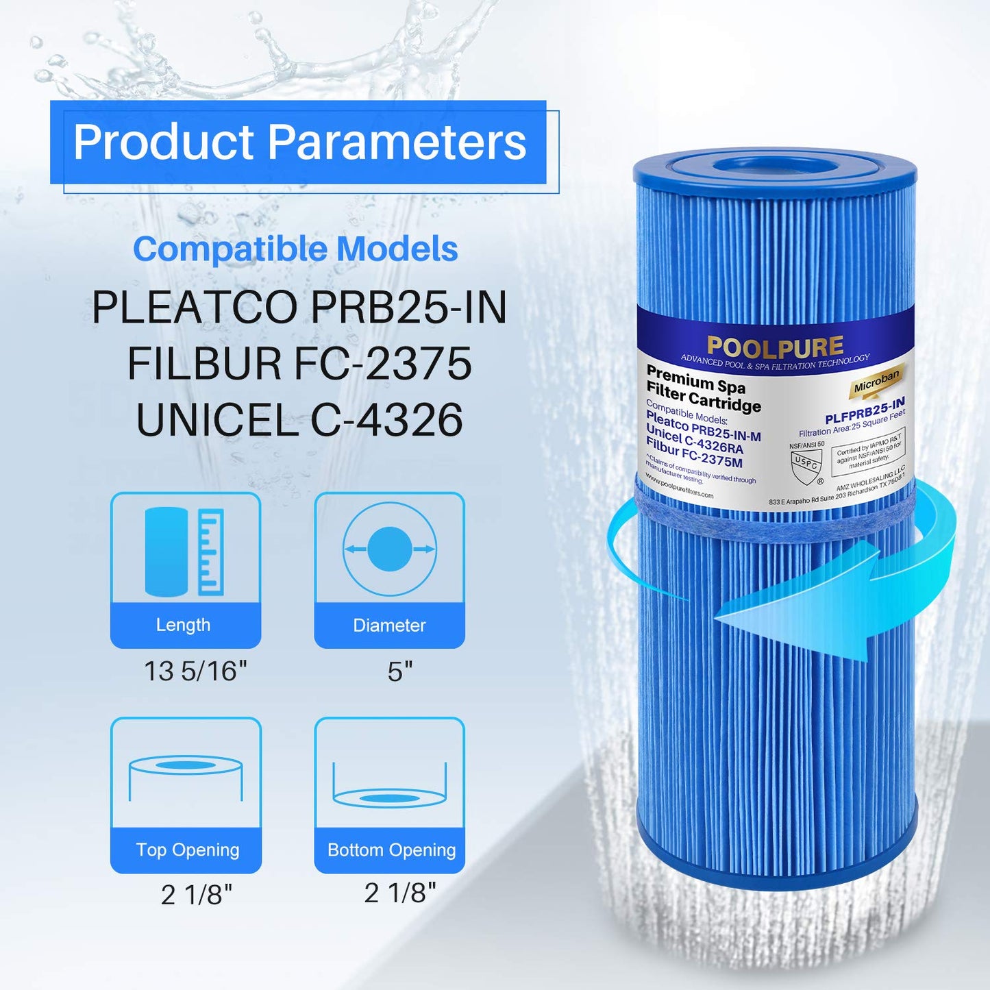 POOLPURE Antimicrobia PRB25-IN-M Spa Filter Replaces Unicel C-4326RA, Guardian 413-106, Filbur FC-2375M, 3005845, 17-2327, 100586, 33521, 25392, 817-2500, 5X13 Spa Filter, 2 Pack