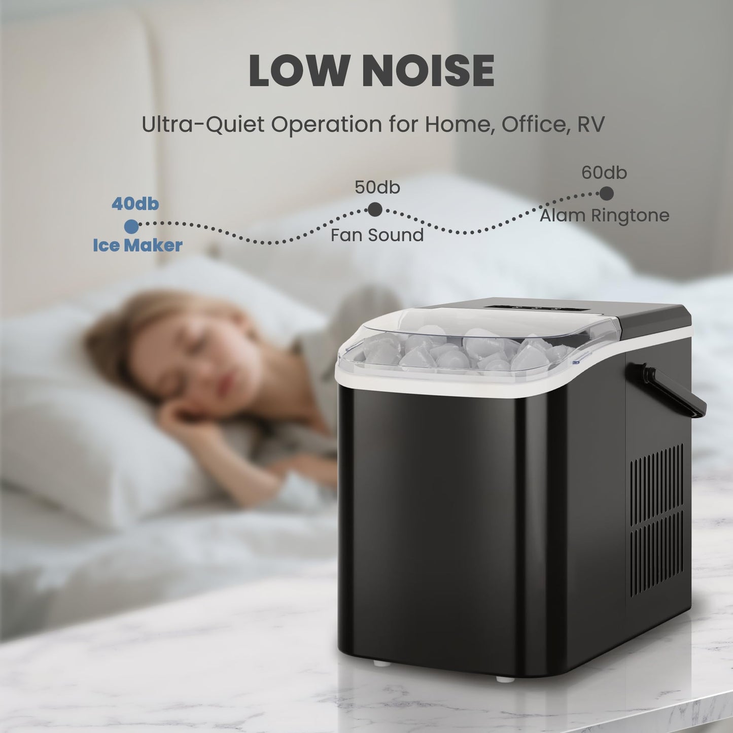 DUMOS Ice Makers Countertop with Handle Ice Machine, Fast in 6 Mins, 26lbs in 24 Hours, Quiet Self-Cleaning, Compact Size Portable for Home, Kitchen, RV, Camping,Modern Black