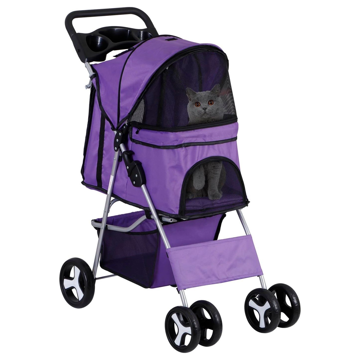 ZENY Foldable Pet Stroller, Cat/Dog Stroller with 4 Wheel, Pet Travel Carrier Strolling Cart with Storage Basket, Cup Holder (Purple)
