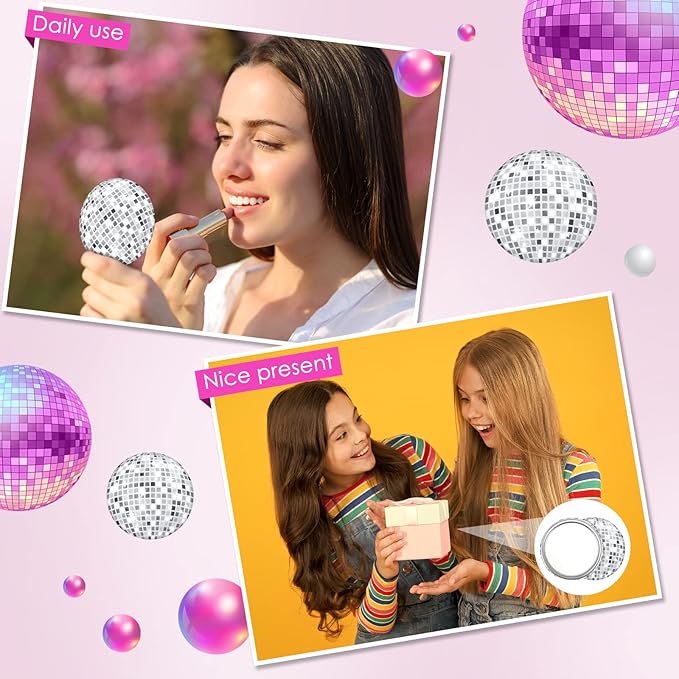 Qunclay 12 Pcs Disco Ball Compact Mirror 2.76 Inch Vintage Round Pocket Mirror Makeup Mini Mirror Handheld Portable Mirror for Purse, Women Gift Disco Party Supply Travel Daily (Silver)