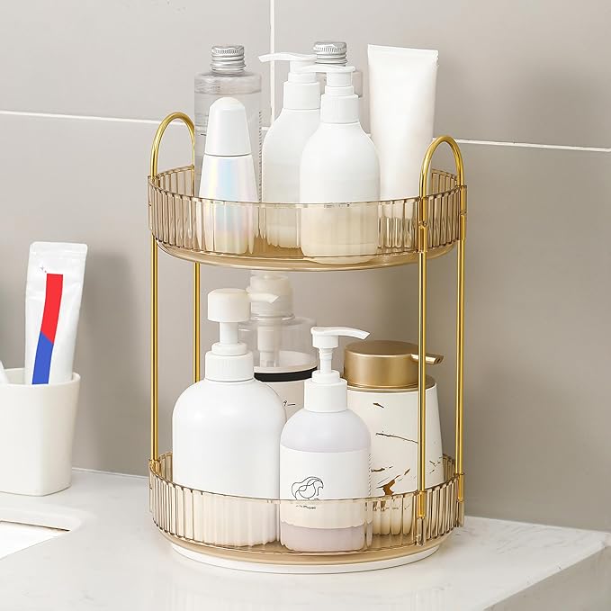 YCIA&DONE 360 Rotating Makeup Organizer and Storage for Vanity Countertop 2 Tiers, High Capacity Cosmetic Skincare Perfume Organizers for Dresser Bathroom Lazy Susan (Amber Gold)