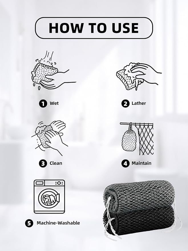 Cleangor 2Pcs African Net Sponge Authentic with Knots - Exfoliating Body Scrubber for All Skin Types, African Bath Sponge, Wash Cloth, Gentle Exfoliation Shower Rag for Women Daily Use (Black & Slate)