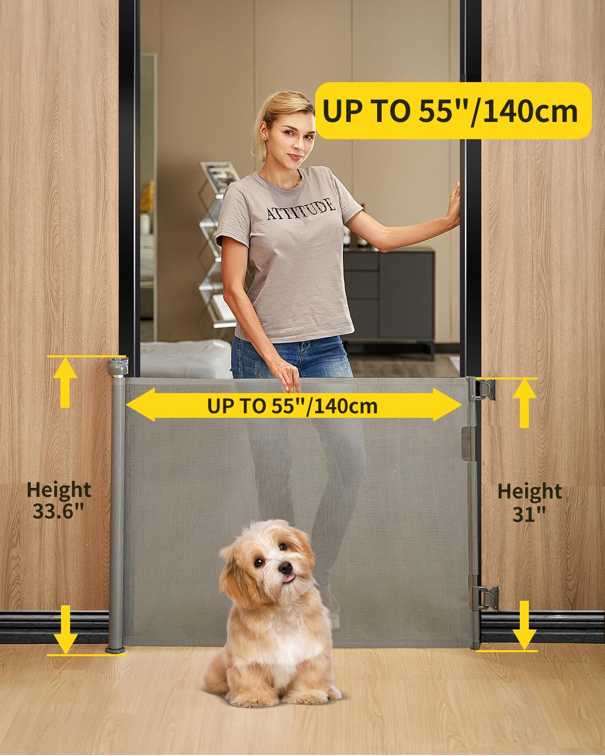 Retractable Baby Gate for Stairs – 33” Height, Expands up to 55” Width – Safety Gate for Infants, Toddlers, Dogs & Pets – Easy Install, Secure Closure, Gray Mesh Design for Indoor & Outdoor Use