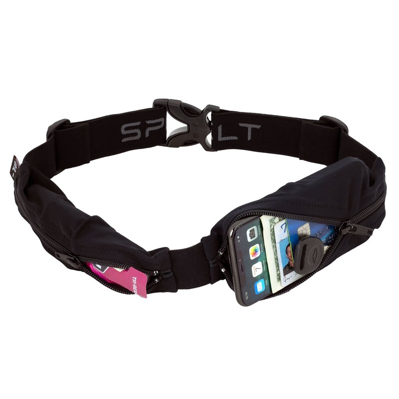 SPIbelt Dual Pocket Pro Running Belt for Men Women, Expandable Pockets, Adjustable Waist, No Bounce, Black with Black Zipper