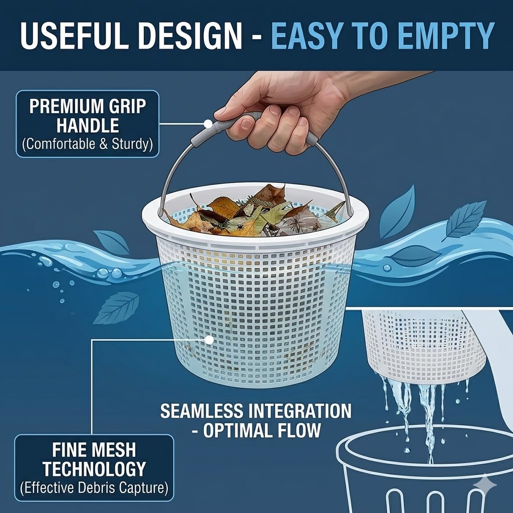 8" Pool Skimmer Basket for Inground Pool Compatible with Pentair U-3 Skimmer Basket 08650-0007 and Hayward SP1070 SPX1070E Pool Basket, Stainless Steel Handle, Rubber Grip & Built in weight, White