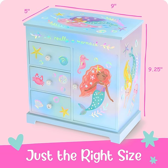 Giggle & Honey® Mermaid Musical Jewelry Box for Girls Kids Music Box with Drawers, Mermaid Mermaid Gifts for Girls, Mermaid Jewelry Boxes for Ages 3-10