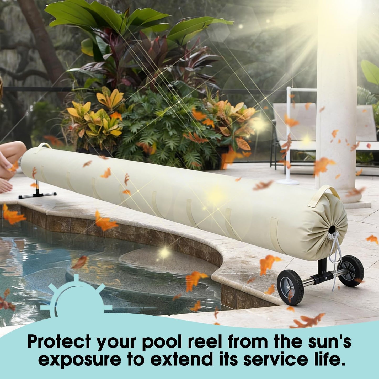 UCEDER Pool Solar Reel Cover with Adjustable Strap, Waterproof Cover for Solar Blanket, 420D Heavy Duty Swimming Solar Reel Storage for Above Ground & Inground Pool (Beige,18 FT)