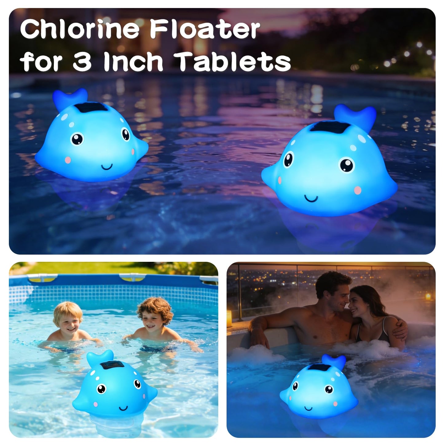 Solar Pool Chlorine Floater, Chlorines Floater with Light, Glow in Dark Chlorines Tablet Floater, Blue, 9 Inch