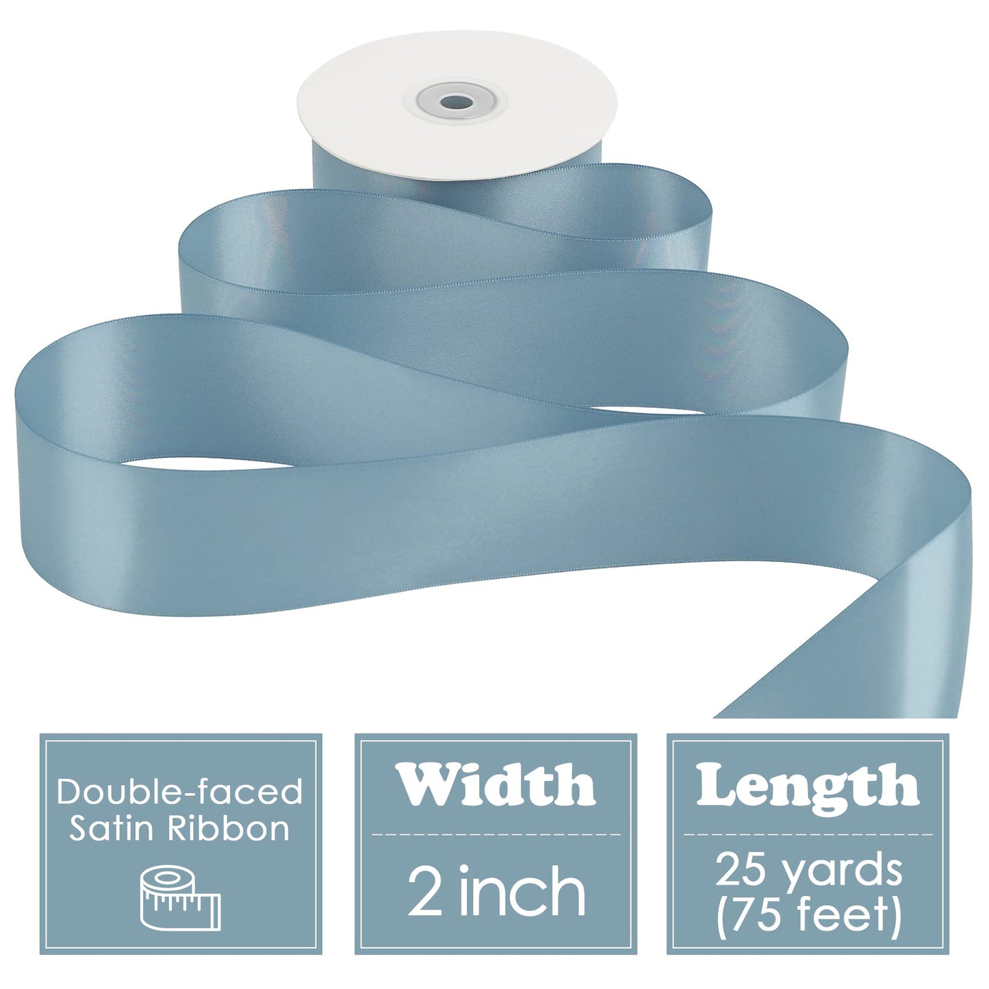 HUIHUANG Dusty Blue Ribbon 2 inch Wide Double Face Blue Satin Ribbon for Flower Bouquet, Dusty Blue Silk Satin Ribbons for Wedding Invitation, Gift Wrapping, Holiday Decor, Bows Making -25 Yards/Roll