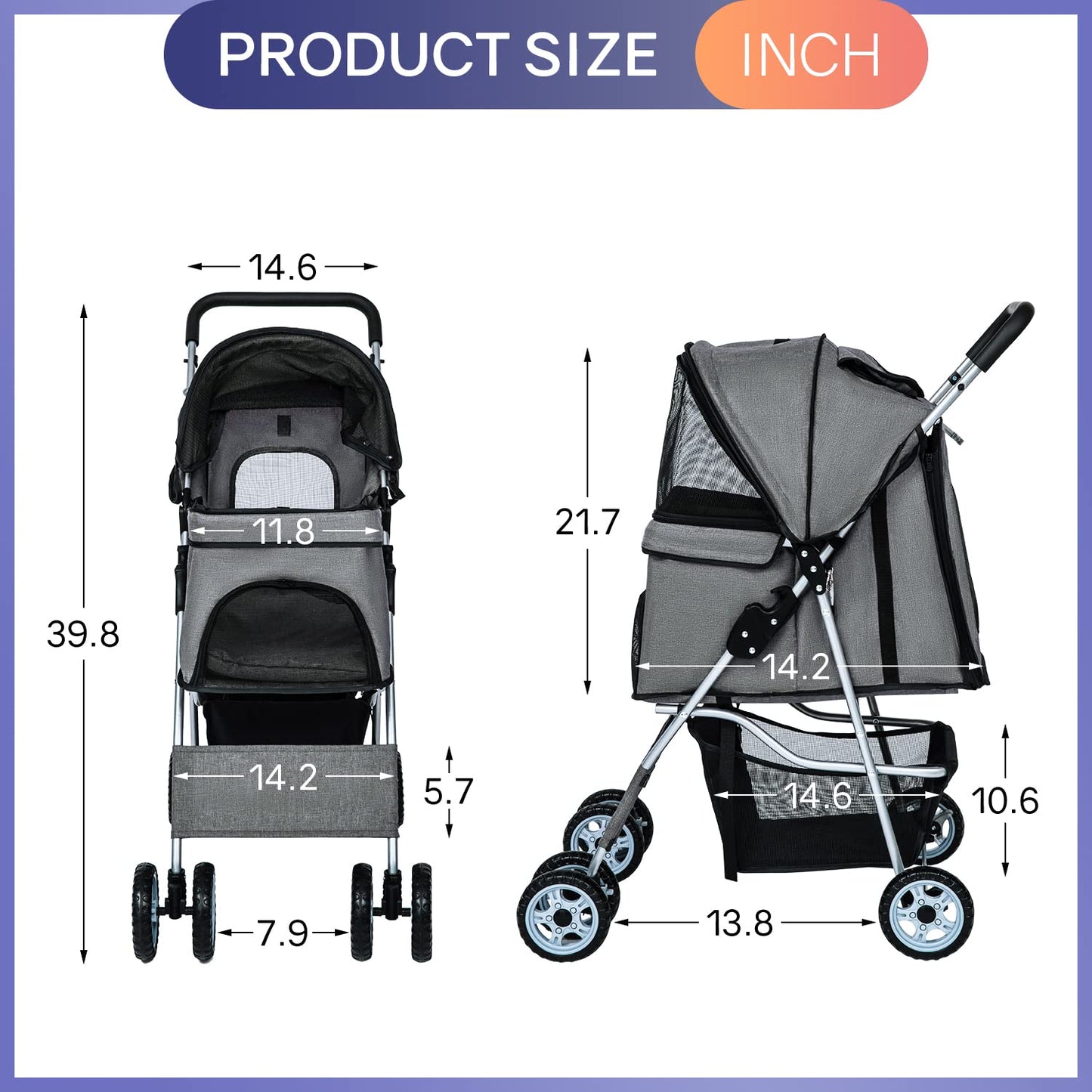BestPet 4Wheels Pet Dog Stroller for Folding Lightweight Cat Travel Stroller with Cup Holder,Grey