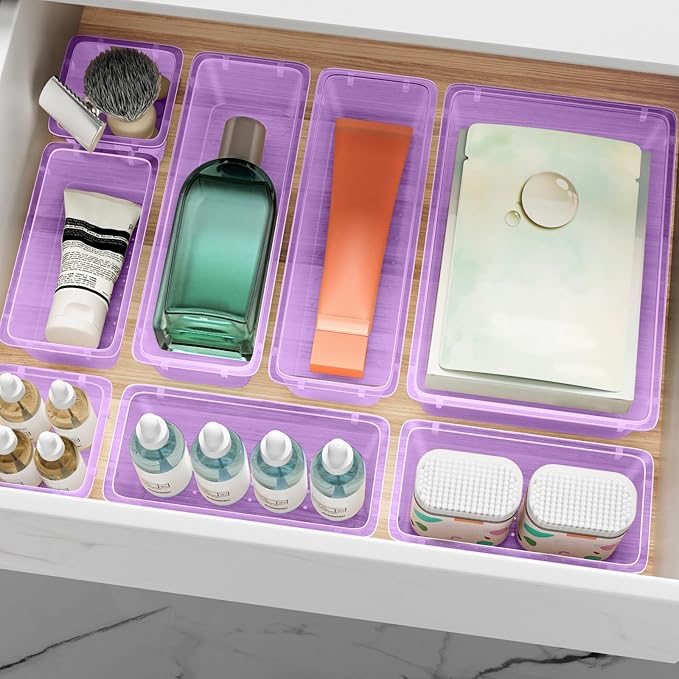 12-Piece Drawer Organizer Set, 4 Sizes Versatile Plastic Vanity Organizer for Makeup, Stationery, Gadgets, in Kitchen, Bathroom, Office, and Bedroom, Purple