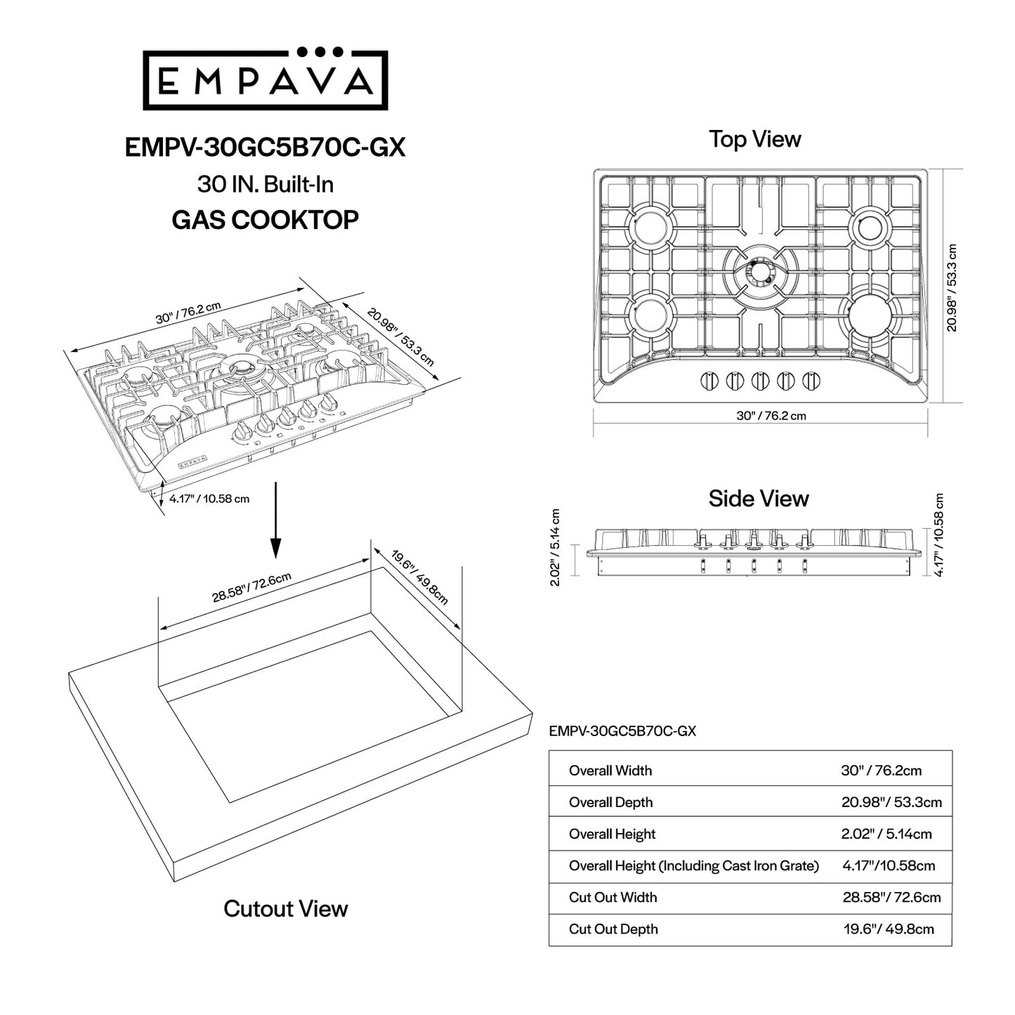 Empava 30" Built-in Gas Cooktop in Stainless Steel with 5 Burners 30XGC5B70C