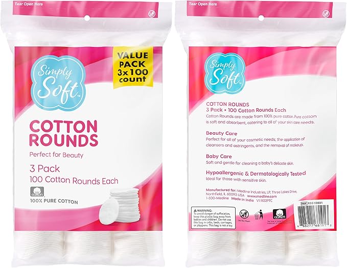 Medline Simply Soft Cotton Rounds (300 Count), 100% Cotton Absorbent and Textured Cotton Pads, Lint-Free