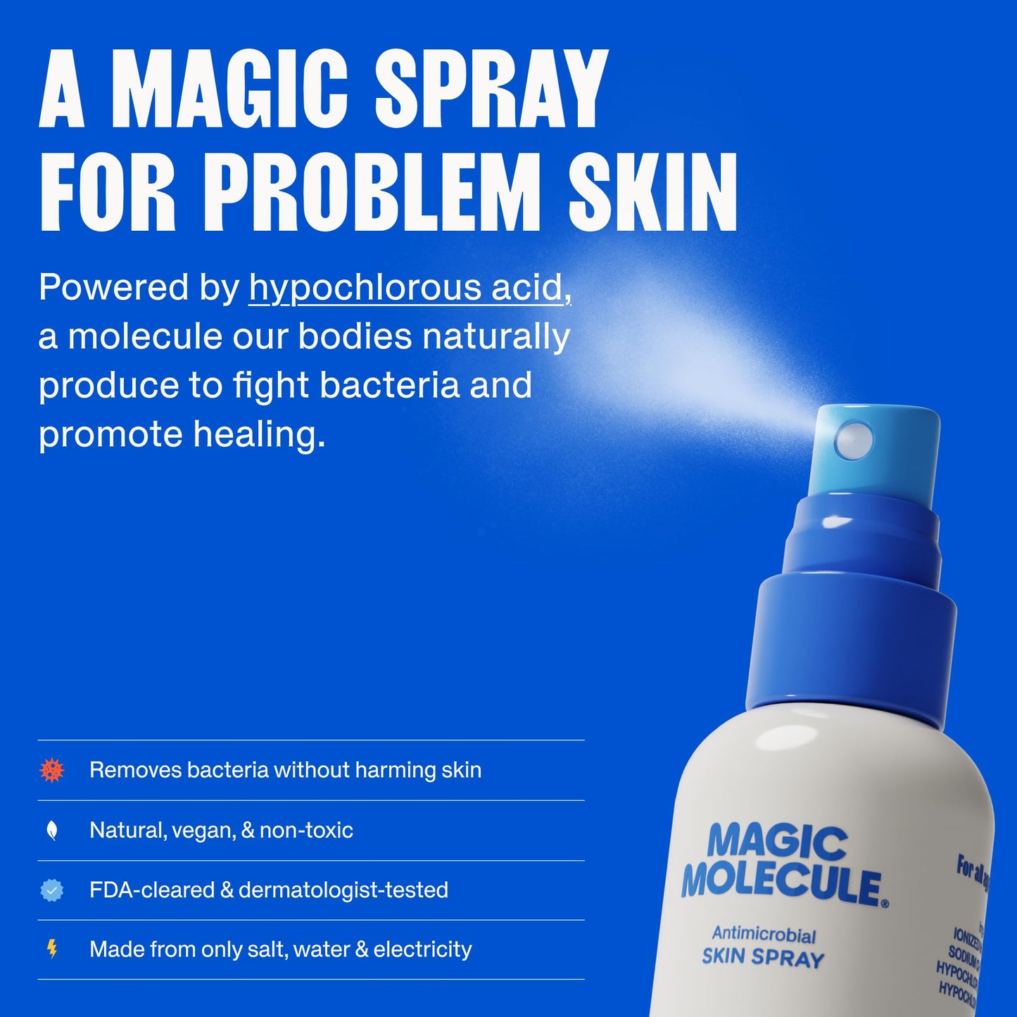 Magic Molecule Skin Cleanser for All Types, Hypochlorous Acid Spray Helps Heal Acne Prone, Eczema, Itchy Rashes and 50 Other Skin Ailments, 2 oz Spray (Pack of 3)