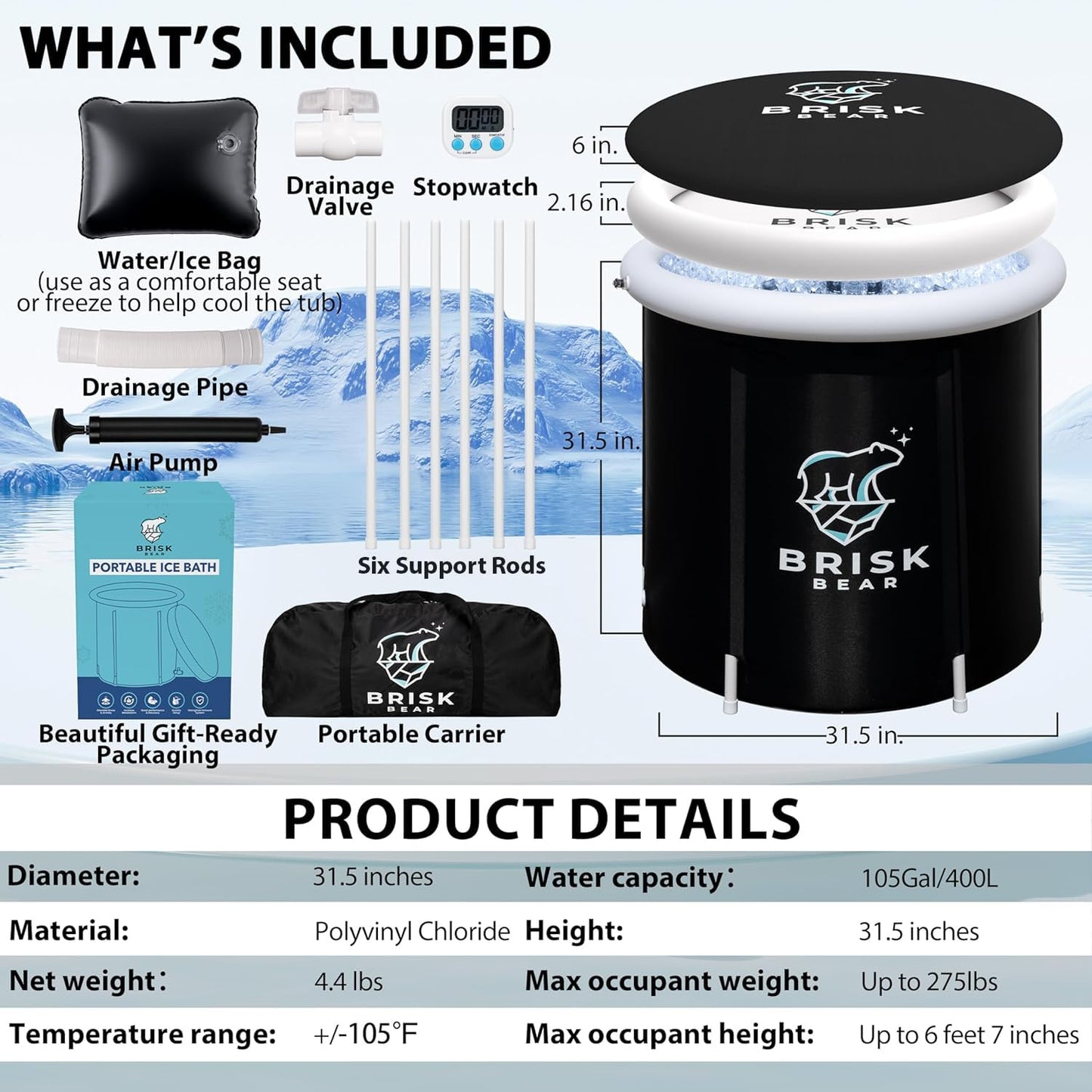 Ice Bath Tub for Athletes with Cover by Brisk Bear - Extra Large Cold Plunge Tub for Recovery - Inflatable Ice Bath Plunge Pool with Digital Timer - Cold Plunge to Soothe Muscles - Black Ice Tub